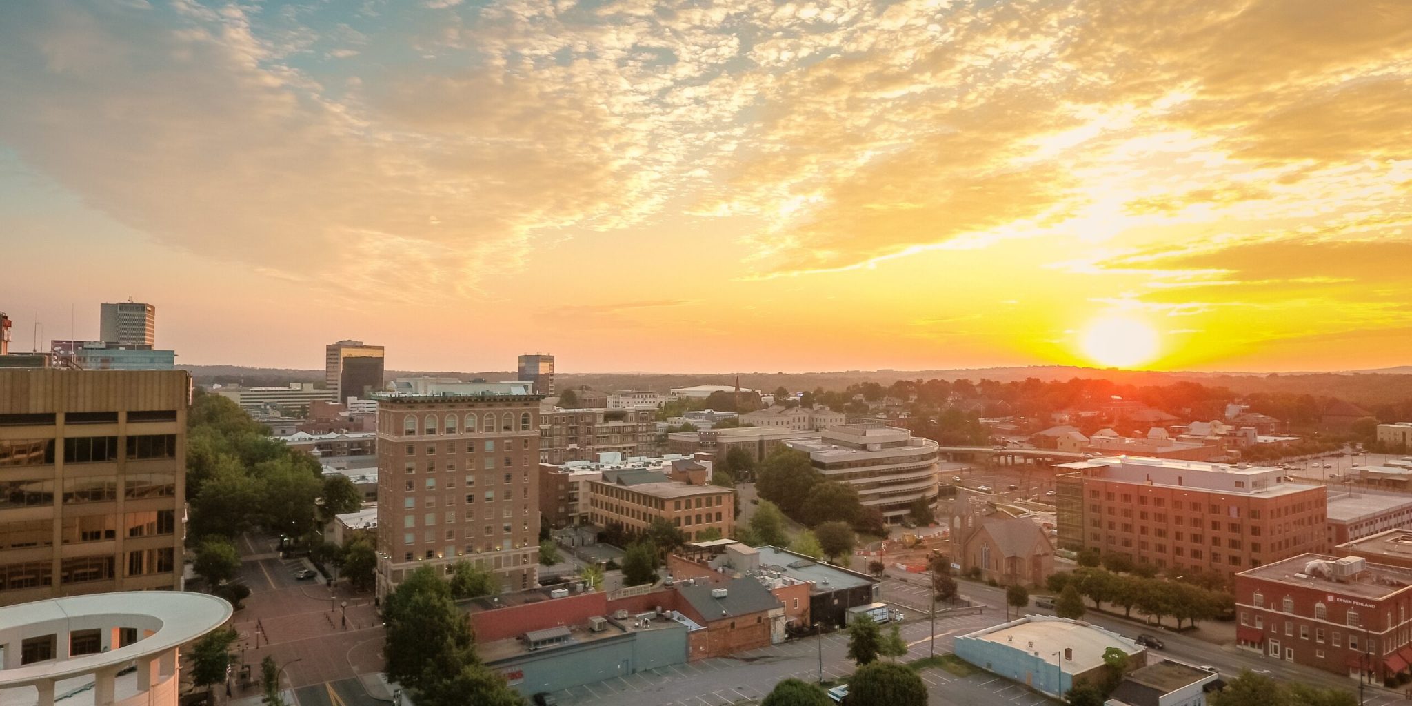 A high angle shot of a beautiful cityscape in Greenville, South Carolina during sunset